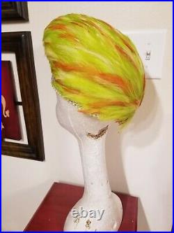 Jack McConnell Vin. Hat Lime, Orange, Cream. Feathers R-Stones Beautiful design