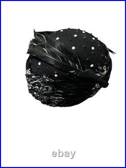 Jack McConnell Vintage Hat Black Wool With Feathers And Pearls 22 Circumference