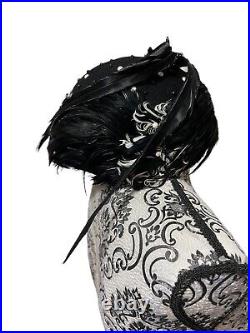 Jack McConnell Vintage Hat Black Wool With Feathers And Pearls 22 Circumference