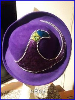 Jack McConnell Vintage Hat, PURPLE PEACOCK Feathers, Rhinestones