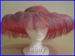 Jack McConnell red feather hat wide brim feathers pink/lilac/aqua + original box