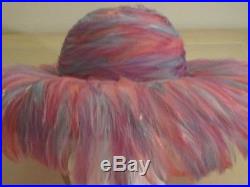Jack McConnell red feather hat wide brim feathers pink/lilac/aqua + original box