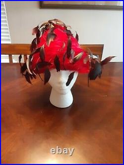 Jack Mcconell All Feather Red Beehive Hat Vintage Unique church