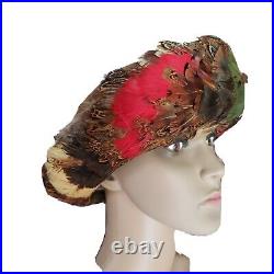 Jeanne LANVIN Vintage Hat RARE! Brown Cloth Multi-Color Feathers Made In USA