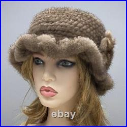 Knitted Fedoras Bucket Hats Mink Fur Floral Hat Women Fashion Headwear 1pc Set