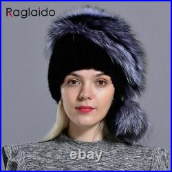 Knitted Mink Fur Beanies Fox Pompom Balls Hats Women Fashion Winter Headwear 1pc
