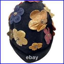 Kokin Wool Cap Hat Women's Black Multicolor Leather Floral Vintage Designer NYC