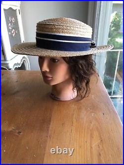 LAURA ASHLEY Vintage Sailor Seaside Regatta Straw Boater Hat Navy/White Bow