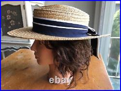 LAURA ASHLEY Vintage Sailor Seaside Regatta Straw Boater Hat Navy/White Bow