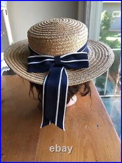 LAURA ASHLEY Vintage Sailor Seaside Regatta Straw Boater Hat Navy/White Bow