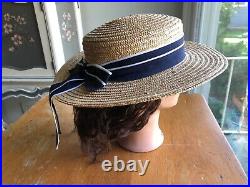 LAURA ASHLEY Vintage Sailor Seaside Regatta Straw Boater Hat Navy/White Bow