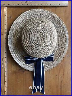 LAURA ASHLEY Vintage Sailor Seaside Regatta Straw Boater Hat Navy/White Bow