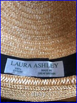 LAURA ASHLEY Vintage Sailor Seaside Regatta Straw Boater Hat Navy/White Bow