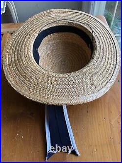 LAURA ASHLEY Vintage Sailor Seaside Regatta Straw Boater Hat Navy/White Bow