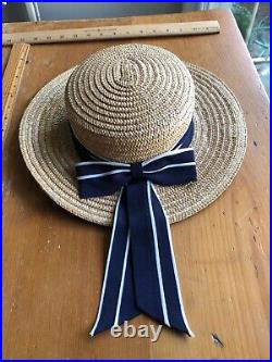 LAURA ASHLEY Vintage Sailor Seaside Regatta Straw Boater Hat Navy/White Bow