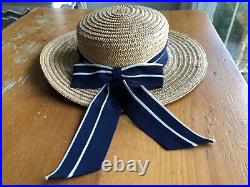 LAURA ASHLEY Vintage Sailor Seaside Regatta Straw Boater Hat Navy/White Bow