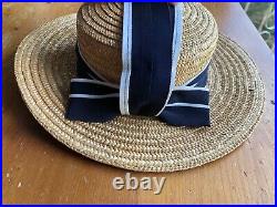 LAURA ASHLEY Vintage Sailor Seaside Regatta Straw Boater Hat Navy/White Bow