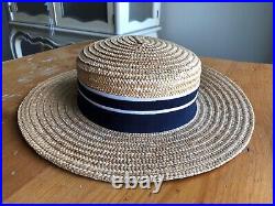 LAURA ASHLEY Vintage Sailor Seaside Regatta Straw Boater Hat Navy/White Bow