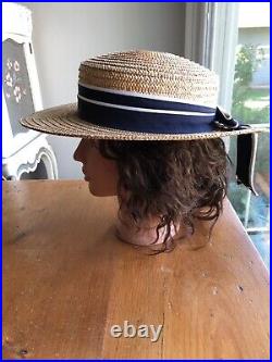 LAURA ASHLEY Vintage Sailor Seaside Regatta Straw Boater Hat Navy/White Bow