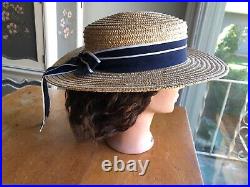 LAURA ASHLEY Vintage Sailor Seaside Regatta Straw Boater Hat Navy/White Bow