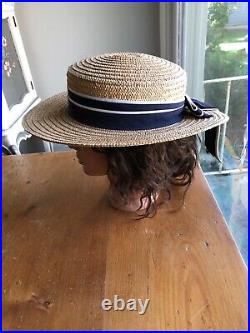 LAURA ASHLEY Vintage Sailor Seaside Regatta Straw Boater Hat Navy/White Bow