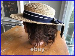 LAURA ASHLEY Vintage Sailor Seaside Regatta Straw Boater Hat Navy/White Bow