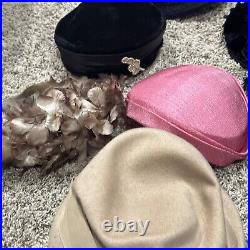 LOT OF VINTAGE ANTIQUE WOMENS HATS, feather velour lace flower old timey hats