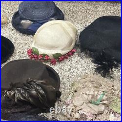 LOT OF VINTAGE ANTIQUE WOMENS HATS, feather velour lace flower old timey hats
