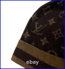 LOUIS VUITTON Vintage Monogram LV Logo Beanie Hat Cashmere Silk Brown RankAB+