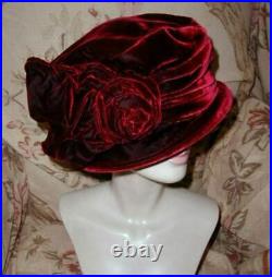 LUSH Silk Velvet Edwardian Cloche Hat w Bow Wrap SANDRA PHILLIPPS London 1990s L