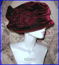LUSH Silk Velvet Edwardian Cloche Hat w Bow Wrap SANDRA PHILLIPPS London 1990s L