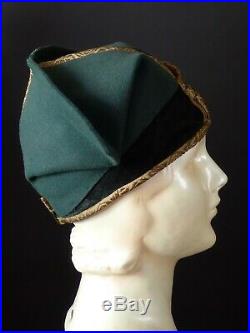 LYON HATS 1920s Green Felt & Gold Brocade Cloche
