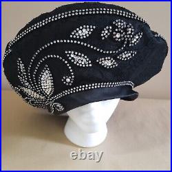 Ladies Black BERET Floral/ Scroll Rhinestone on Satin/Lace Hat, Vintage & Rare