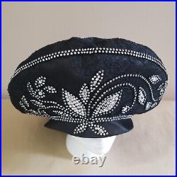 Ladies Black BERET Floral/ Scroll Rhinestone on Satin/Lace Hat, Vintage & Rare