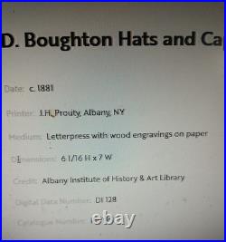 Ladies Woman's Hat Bonnet Antique Original Label Boughton Troy Albany