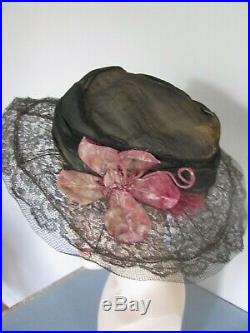 Large Edwardian Ladies Hat Antique Bronze Metallic Lace Pink Silk Velvet Flower