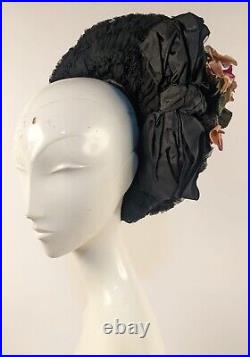 Large Victorian Ruched Horse Hair & Black Moire Bonnet Hat W Floral Trims