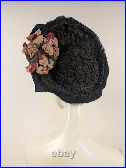 Large Victorian Ruched Horse Hair & Black Moire Bonnet Hat W Floral Trims