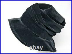Laura Ashley Vintage Black Ruffled Velvet Edwardian Style Cloche Hat, One Size