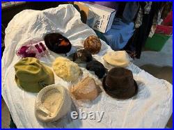Lot 11 Vintage Ladies Hats Feathers, fur, wool Lace Net Veils Pillbox, doris