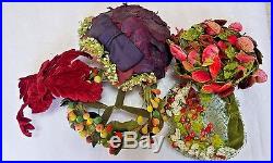 Lot 5 FALL COLORS Ladies Hats, Flowers & Berries, 2 w VELVET LEAVES / FRUIT