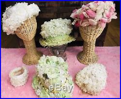 Lot 6 Vintage Hats Millinery Flowers Floral Bows Headband Pink Green White Rare