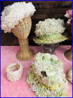 Lot 6 Vintage Hats Millinery Flowers Floral Bows Headband Pink Green White Rare