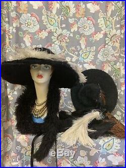 Lot of Antique Victorian mourning 1940's Saucer hats and ostrich feathers & boa