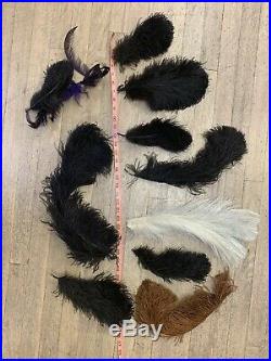 Lot of Antique Victorian mourning 1940's Saucer hats and ostrich feathers & boa