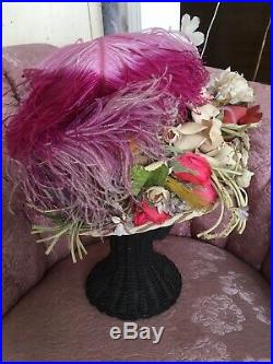 Lovely Antique Ladies Straw Hat Covered In Millinery Flowers And Feathers