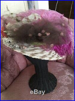 Lovely Antique Ladies Straw Hat Covered In Millinery Flowers And Feathers