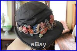 Lovely Vintage 20's Wide Brim CLOCHE Hat Straw and Silk withApplied Silk Flowers