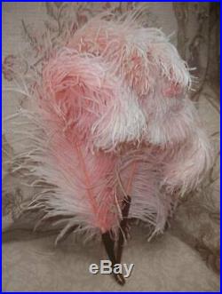 Lush Antique Coral Pink Ostrich Plumes Feather Hand Fan w Faux Tortoise Sticks