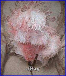 Lush Antique Coral Pink Ostrich Plumes Feather Hand Fan w Faux Tortoise Sticks